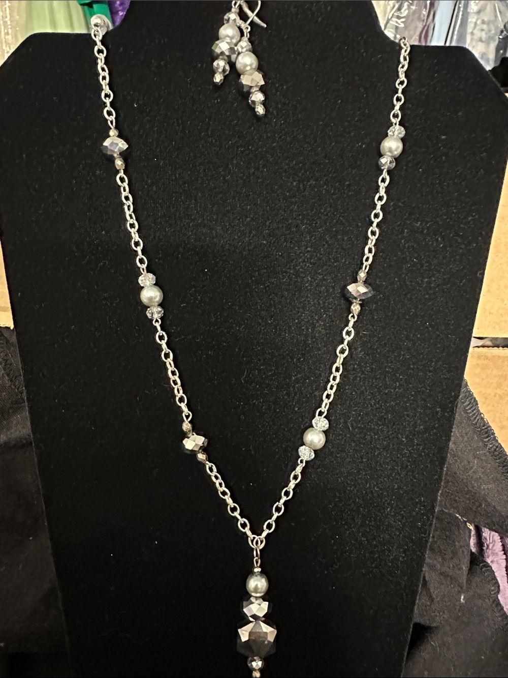 Silver Tone Beaded Pendant Necklace and Earrings Set